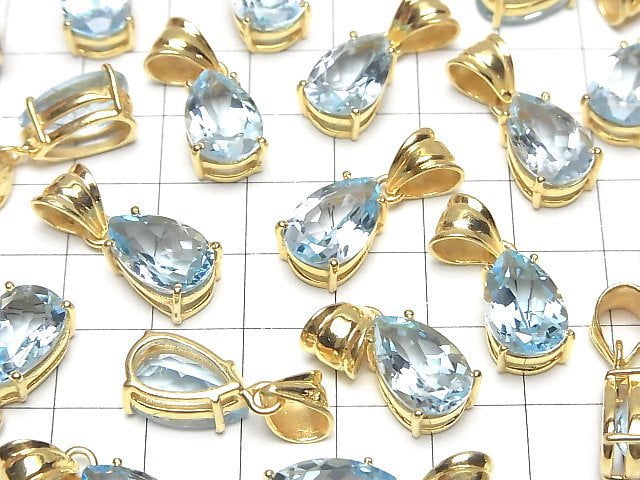 [Video]High Quality Sky Blue Topaz AAA Pear shape Faceted Pendant 14x9mm 18KGP 1pc