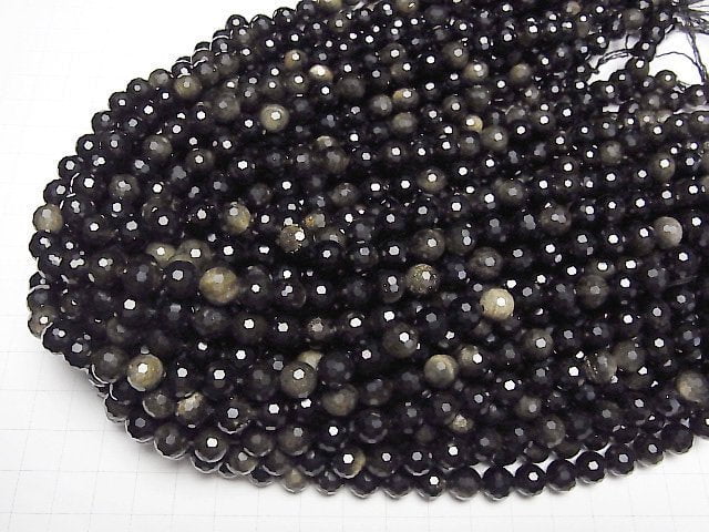 [Video]High Quality! Golden Obsidian AAA 128Faceted Round 8mm 1strand beads (aprx.15inch/36cm)