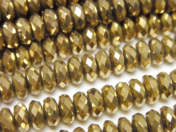 [Video]High Quality! Hematite Faceted Button Roundel 6x6x3mm Gold Coating 1strand beads (aprx.15inch/38cm)