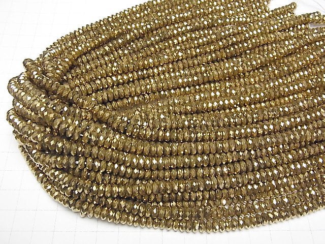 [Video]High Quality! Hematite Faceted Button Roundel 6x6x3mm Gold Coating 1strand beads (aprx.15inch/38cm)