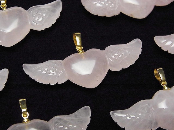 [Video] Rose Quartz AA++ Angel Wing Heart Pendant 40x15mm Gold color 1pc