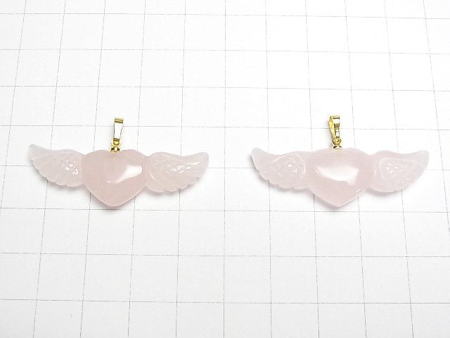 [Video] Rose Quartz AA++ Angel Wing Heart Pendant 40x15mm Gold color 1pc