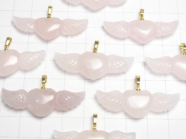 [Video] Rose Quartz AA++ Angel Wing Heart Pendant 40x15mm Gold color 1pc