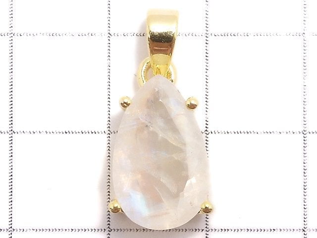 [Video][One of a kind] High Quality Rainbow Moonstone AAA Faceted Pendant 18KGP NO.35