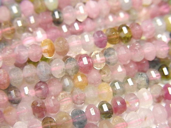 [Video]High Quality! Multi color Tourmaline AA++ Mirror Faceted Button Roundel 4x4x2.5mm 1strand beads (aprx.15inch/37cm)