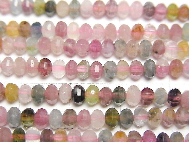 [Video]High Quality! Multi color Tourmaline AA++ Mirror Faceted Button Roundel 4x4x2.5mm 1strand beads (aprx.15inch/37cm)