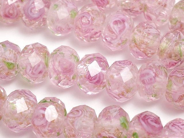 Perles en verre filé à la flamme, facettées, forme bouton, rondelle 10x10x7mm avec motif rose [Rose] demi ou 1 fil de perles (environ 14inch/34cm)