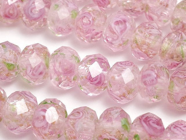 [Video] Lampwork Beads Faceted Button Roundel 10x10x7mm with rose pattern [Pink] half or 1strand beads (aprx.14inch/34cm)