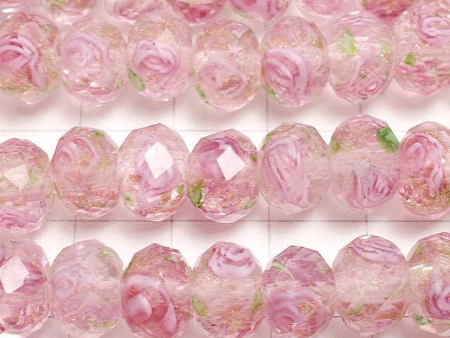 [Video] Lampwork Beads Faceted Button Roundel 10x10x7mm with rose pattern [Pink] half or 1strand beads (aprx.14inch/34cm)