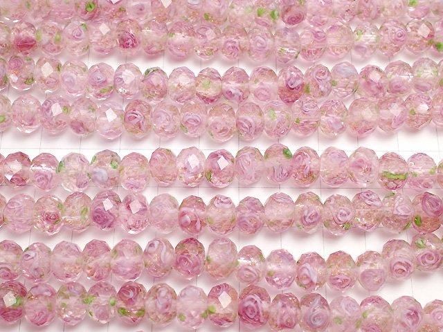 Perles en verre filé à la flamme, facettées, forme bouton, rondelle 10x10x7mm avec motif rose [Rose] demi ou 1 fil de perles (environ 14inch/34cm)