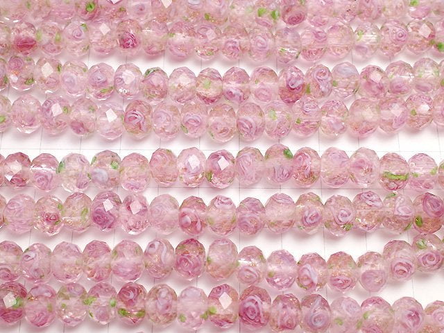[Video] Lampwork Beads Faceted Button Rondelle 10x10x7mm with rose pattern [Pink] half or 1strand beads (aprx.14inch/34cm)