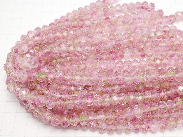 [Video] Lampwork Beads Faceted Button Roundel 10x10x7mm with rose pattern [Pink] half or 1strand beads (aprx.14inch/34cm)