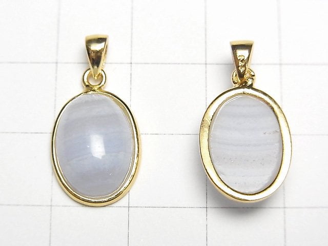 [Video] Blue Lace Agate AAA- Oval Pendant 15x12mm 18KGP 1pc