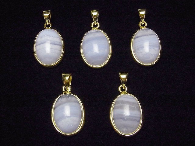 [Video] Blue Lace Agate AAA- Oval Pendant 15x12mm 18KGP 1pc