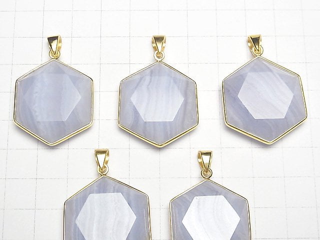 [Video] Blue Lace Agate AAA Hexagram Pendant 28-31mm 18KGP 1pc