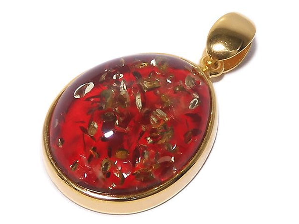[Video][One of a kind] Red color Amber Pendant 18KGP NO.15