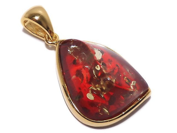 [Video][One of a kind] Red color Amber Pendant 18KGP NO.17