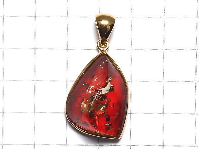 [Video][One of a kind] Red color Amber Pendant 18KGP NO.17