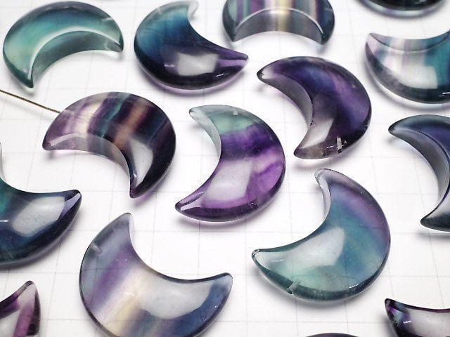 [Video] Multicolor Fluorite AAA Moon Motif 31x23mm [Half Drilled Hole] 2pcs