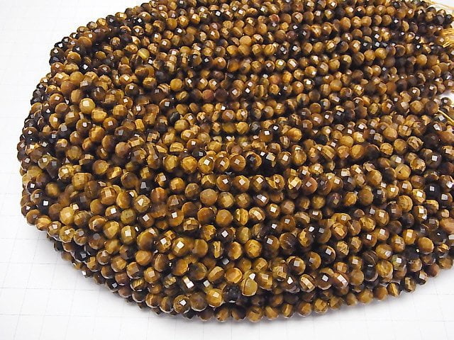[Video]High Quality! Yellow Tiger's Eye AA++ 64Faceted Round 6mm 1strand beads (aprx.15inch/37cm)