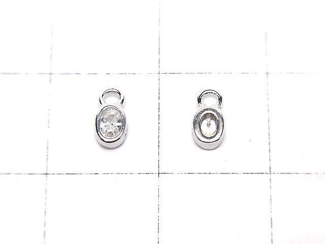 Silver 925 Oval 6x3x1.5mm Charm (with CZ) [Rhodium Plated] 2pcs