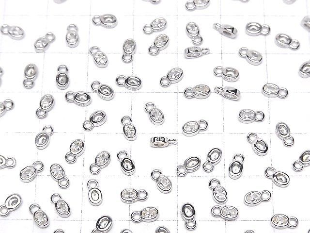 Silver 925 Oval 6x3x1.5mm Charm (with CZ) [Rhodium Plated] 2pcs