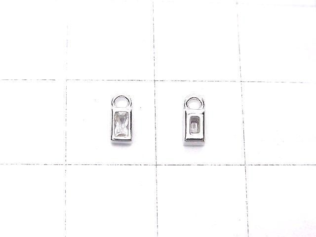 Silver 925 Rectangle Charm 6x2.5x2mm (with CZ), Rhodium Plated, 2pcs