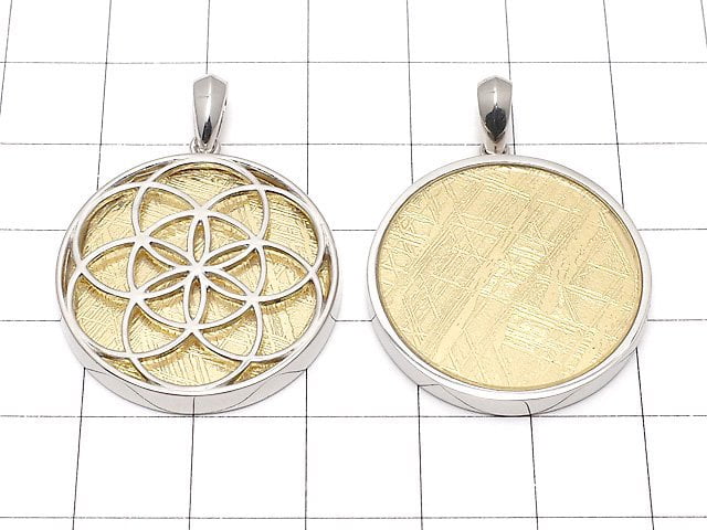 Meteorite Seed of Life Design Coin Pendant 27mm Yellow Gold Silver925