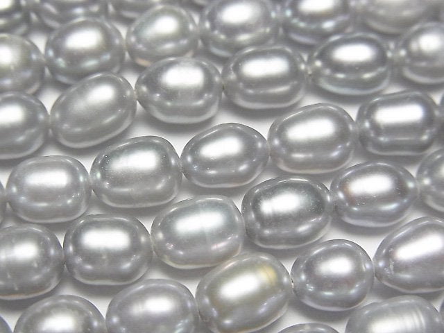 [Video] Fresh Water Pearl AA+ Rice 8x6x6mm Light Silver 1strand beads (aprx.14inch/35cm)