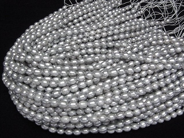 [Video] Fresh Water Pearl AA+ Rice 8x6x6mm Light Silver 1strand beads (aprx.14inch/35cm)
