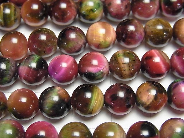 [Video] Mixed color Tiger's Eye Round 8mm [Pink x Green] 1strand beads (aprx.15inch/37cm)