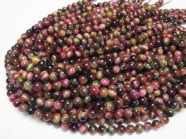 [Video] Mixed color Tiger's Eye Round 8mm [Pink x Green] 1strand beads (aprx.15inch/37cm)