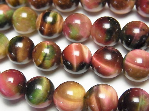 [Video] Mixed color Tiger's Eye Round 10mm [Pink x Green] half or 1strand beads (aprx.14inch/35cm)