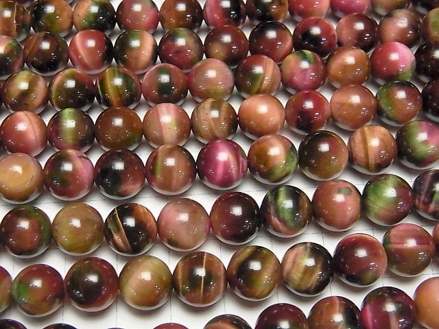[Video] Mixed color Tiger's Eye Round 10mm [Pink x Green] half or 1strand beads (aprx.14inch/35cm)