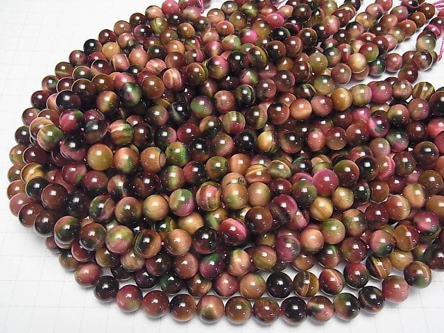 [Video] Mixed color Tiger's Eye Round 10mm [Pink x Green] half or 1strand beads (aprx.14inch/35cm)