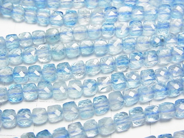 [Video]High Quality! Blue color Topaz AA++ Cube Shape 4x4x4mm 1strand beads (aprx.15inch/37cm)