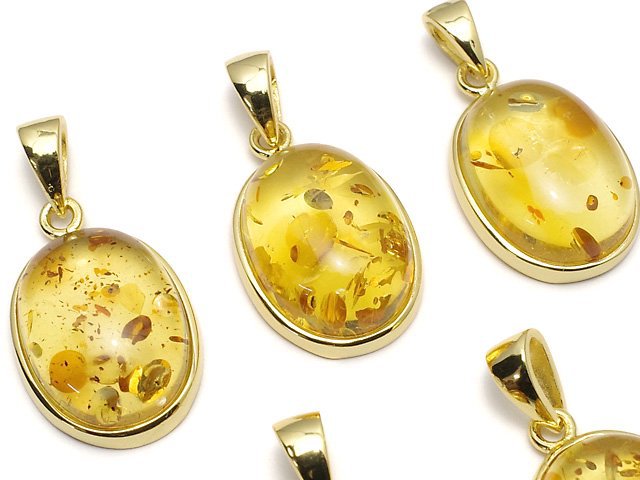 [Video] Baltic Amber Oval Pendant 17x13mm 18KGP 1pc