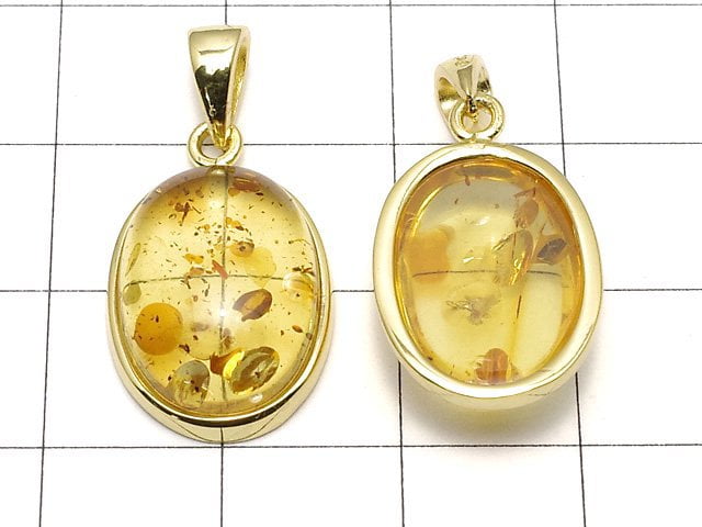 [Video] Baltic Amber Oval Pendant 17x13mm 18KGP 1pc