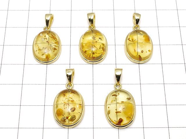 [Video] Baltic Amber Oval Pendant 17x13mm 18KGP 1pc