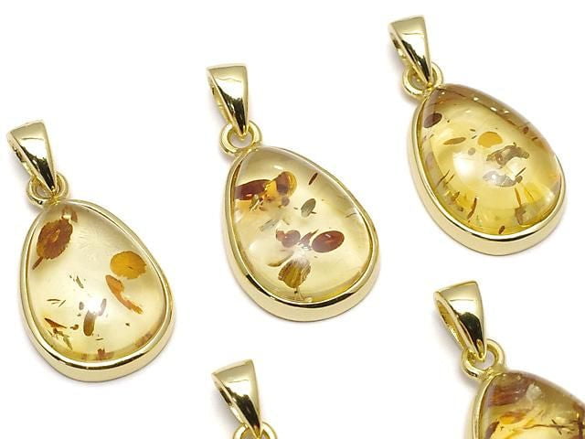[Video] Baltic Amber Pear Shape Pendant 15x11mm 18KGP 1pc