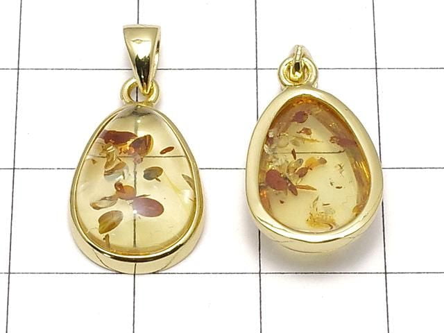 [Video] Baltic Amber Pear Shape Pendant 15x11mm 18KGP 1pc