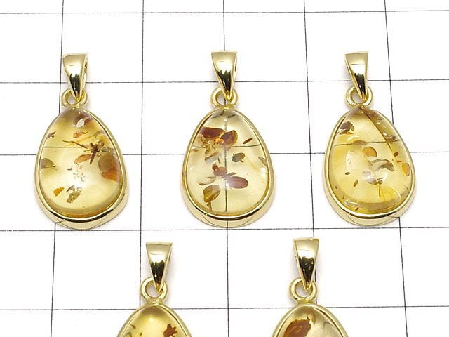 [Video] Baltic Amber Pear shape Pendant 15x11mm 18KGP 1pc