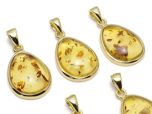 [Video] Baltic Amber Pear Shape Pendant 17x13mm 18KGP 1pc