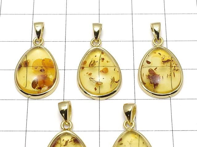 [Video] Baltic Amber Pear Shape Pendant 17x13mm 18KGP 1pc