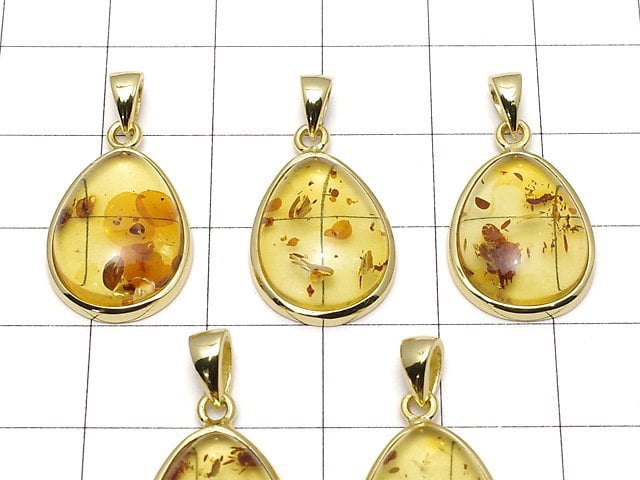 [Video] Baltic Amber Pear shape Pendant 17x13mm 18KGP 1pc