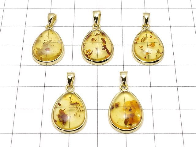 [Video] Baltic Amber Pear shape Pendant 17x13mm 18KGP 1pc