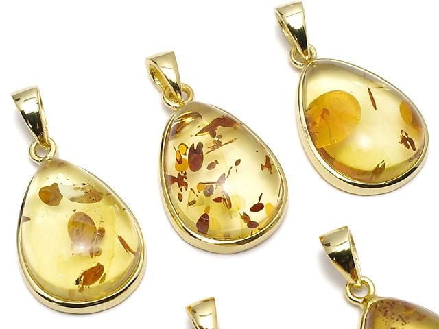 [Video] Baltic Amber Pear Shape Pendant 19x14mm 18KGP 1pc