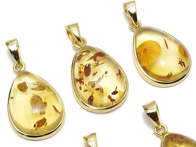 [Video] Baltic Amber Pear shape Pendant 19x14mm 18KGP 1pc