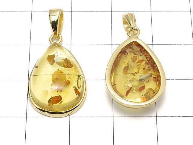 [Video] Baltic Amber Pear shape Pendant 19x14mm 18KGP 1pc