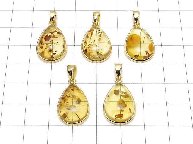 [Video] Baltic Amber Pear shape Pendant 19x14mm 18KGP 1pc